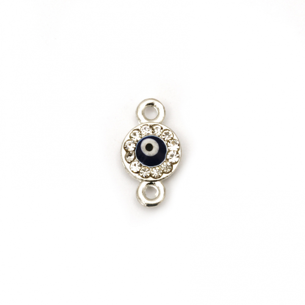 Round connecting element, metal bead with crystals and evil eye 14x7.5x3 mm hole 1.5 mm color silver - 5 pieces