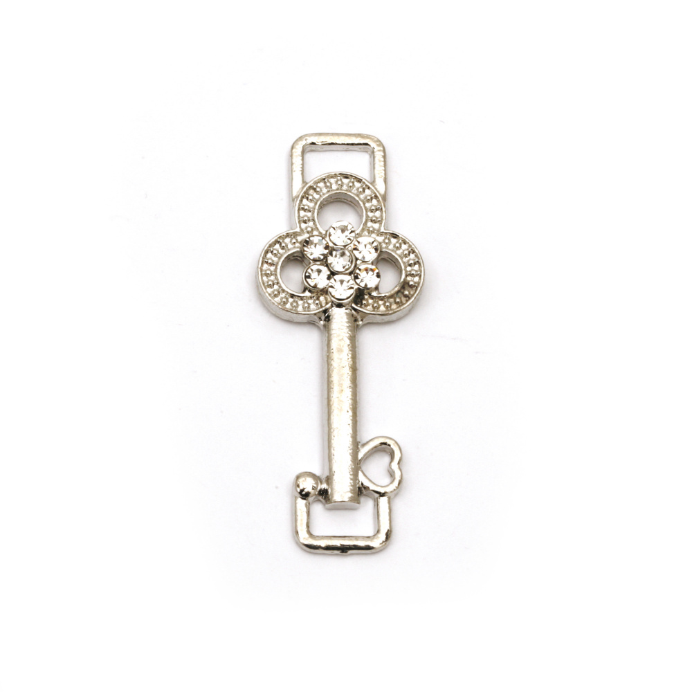 Metal jewelry component - connecting element key with tiny crystals 38x15x4 mm hole 1.5 mm color silver - 2 pieces