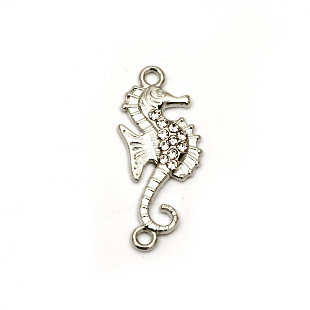 Metal connecting element seahorse with small crystals for DIY bracelets making 28x12x2.5 mm hole 1.5 mm color silver - 2 pieces