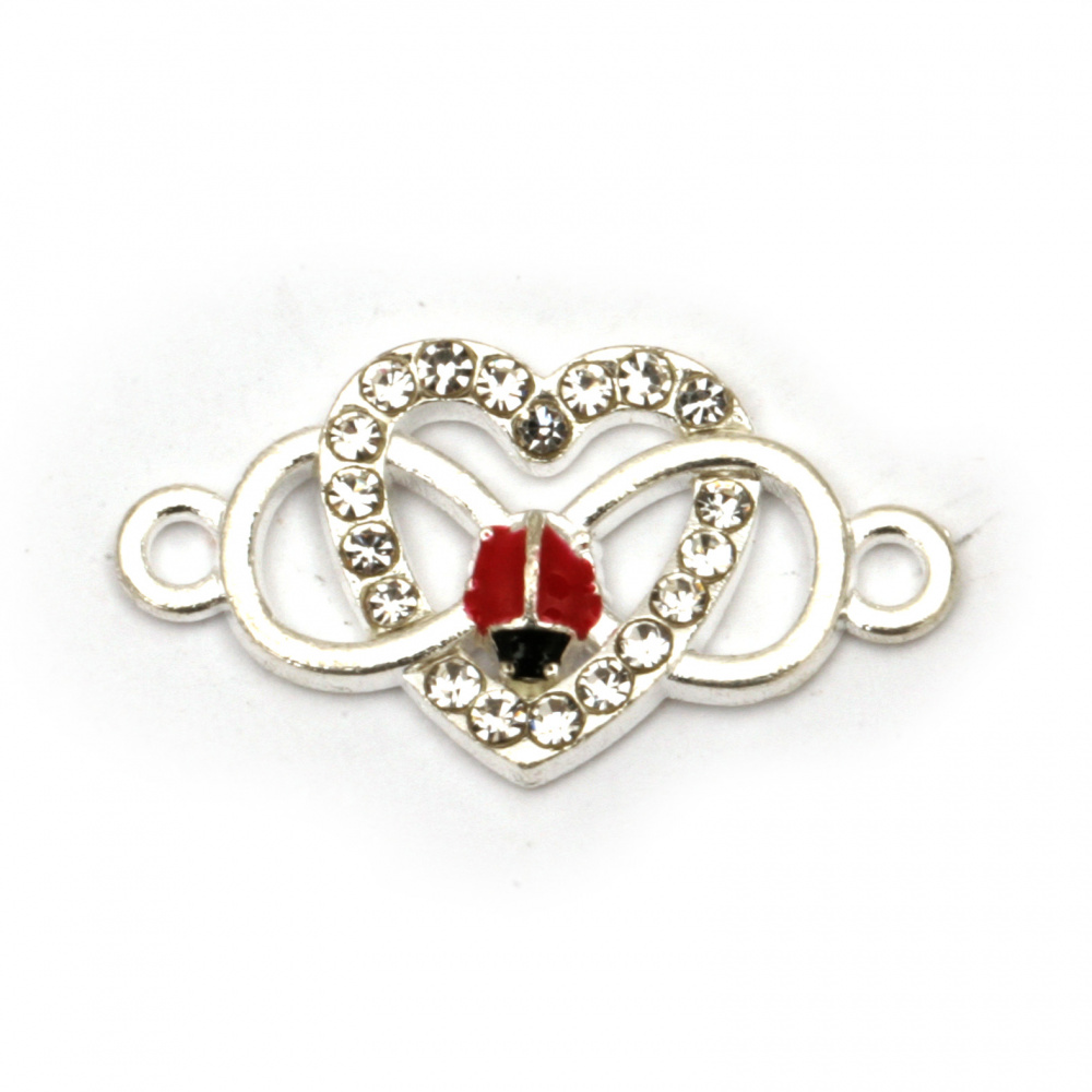 Metal connecting element intertwined heart with crystals and infinity sing with ladybug 24x13x3 mm hole 2 mm color silver - 2 pieces