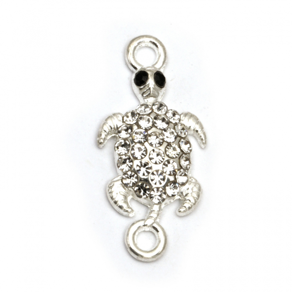 Glossy metal turtle,  connector bead with small crystals 26x13x3 mm hole 2 mm color silver - 2 pieces
