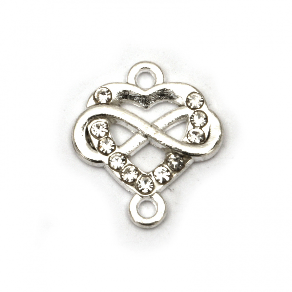 Metal connecting bead - intertwined infinity sign and heart with tiny crystals 16x14x2 mm hole 2 mm color silver - 2 pieces
