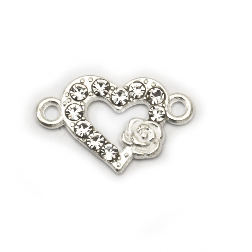 Metal connecting element heart with sheeny crystals 18x12x2 mm hole 2 mm color silver - 2 pieces