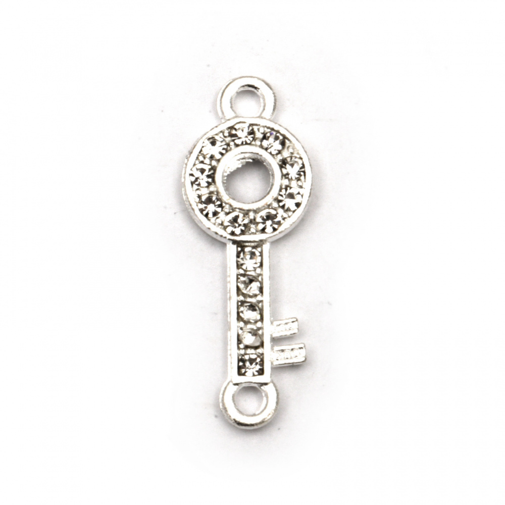 Jewelry metal findings - connecting element key with dazzling crystals 22.5x8x2.5 mm hole 2 mm color silver - 2 pieces