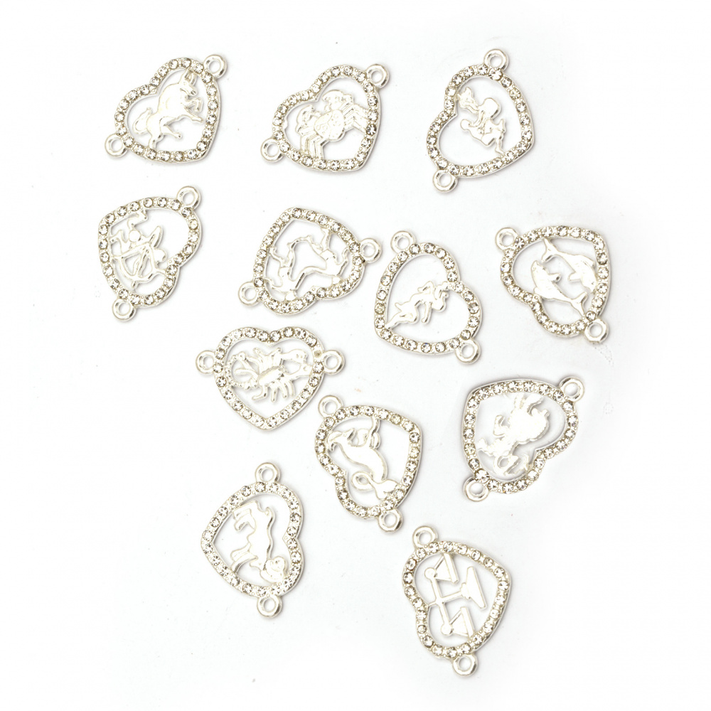 Connecting element metal heart with zodiac signs inside and crystals around 25x17x2.5 mm hole 2 mm color silver - 12 pieces