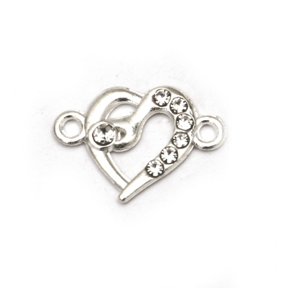 Delicate metal connecting element heart with clear crystals 17x12x2.5 mm hole 2 mm color silver - 5 pieces