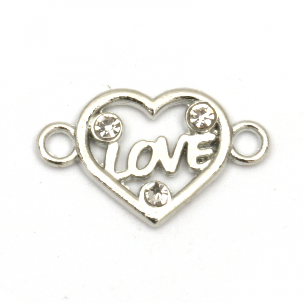 Jewelry metal findings,  connecting element  heart with crystals and inscription ''Love" inside 17x10.5x1.5 mm hole 1.5 mm color silver - 5 pieces