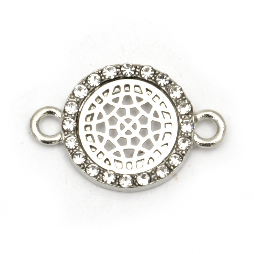 Circle metal connecting element, openwork ornament with crystals  22x4x2.5 mm hole 2.5 mm color silver - 2 pieces