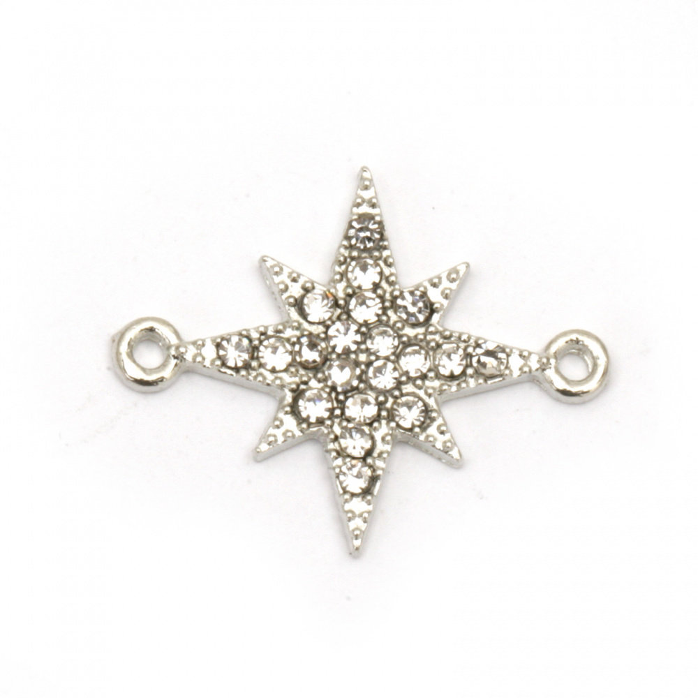 Metal jewelry component - connecting element star with tiny crystals 23.5x17.5x2.5 mm hole 2.5 mm color silver - 2 pieces