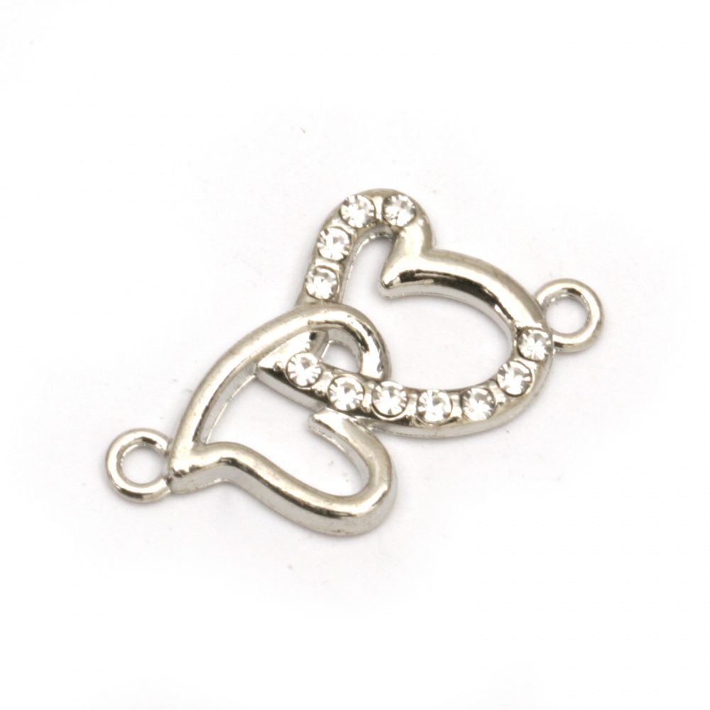 Metal connecting element intertwined  hearts with crystals 27x14x2.5 mm hole 2 mm color silver - 5 pieces