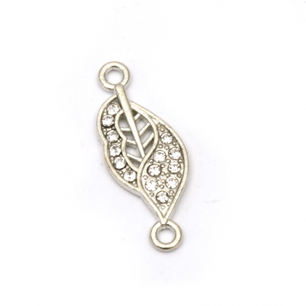 Delicate metal jewelry component - connecting element leaf with crystals 25x10x2 mm hole 2 mm color silver - 5 pieces