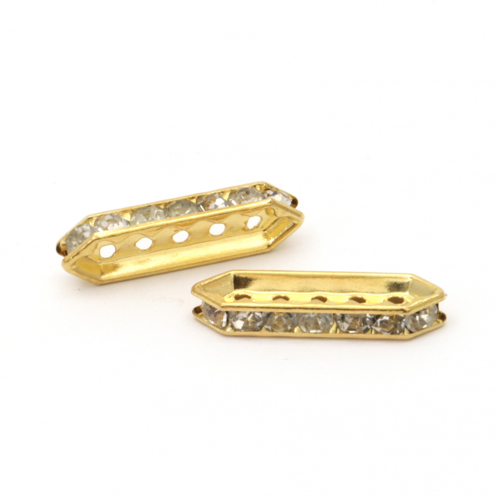 Elongated metal divider with crystals 27x8x4 mm with five holes 1.5 mm color gold -2 pieces