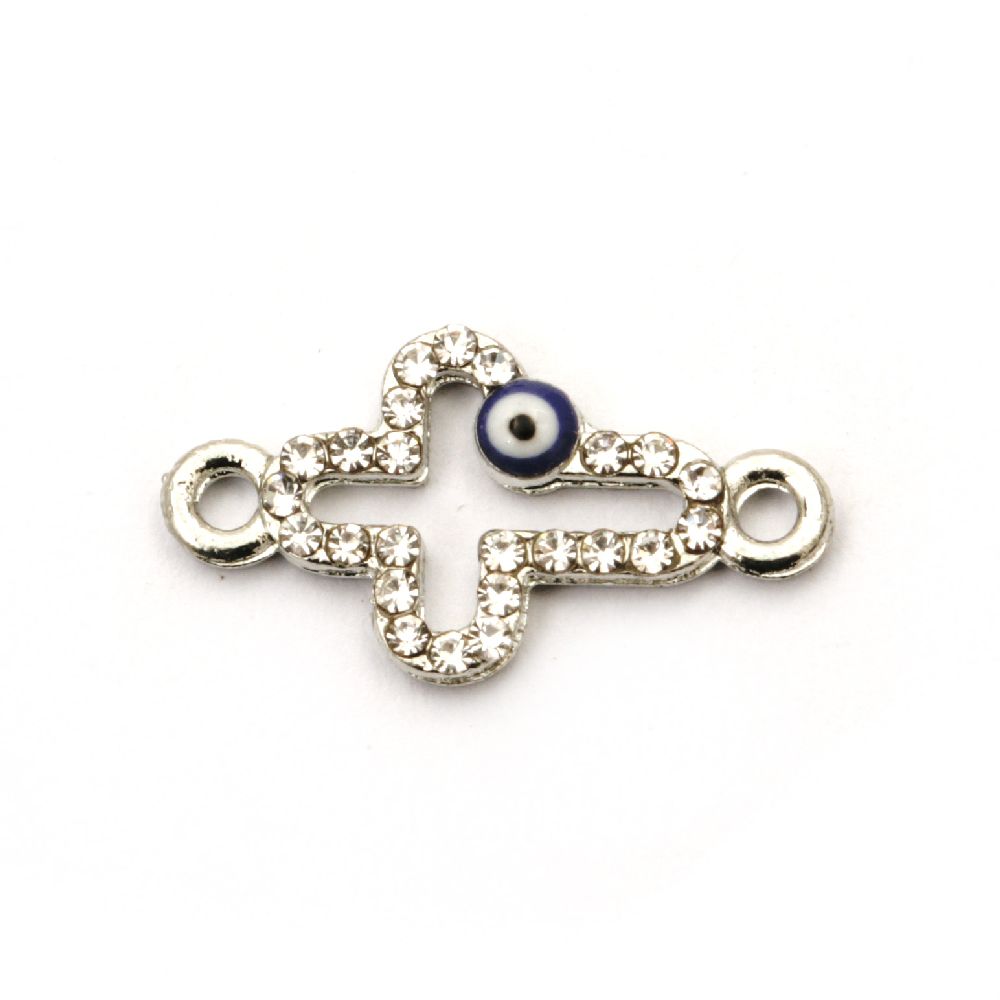 Metal connecting element - cross with crystals with lucky eye 20x10x2 mm hole 1.5 mm color silver - 2 pieces