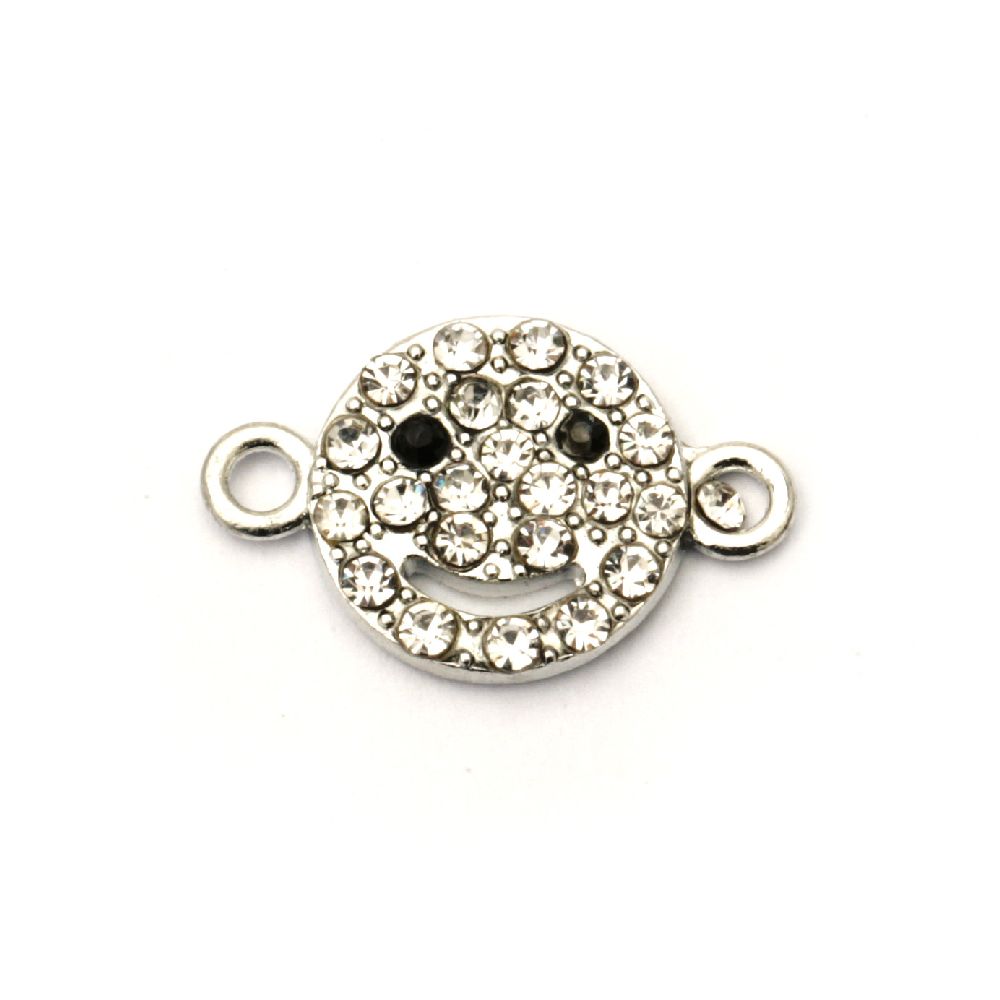 Round metal connecting element smiling face with crystals 19x12x2.5 mm hole 1.5 mm color silver - 2 pieces