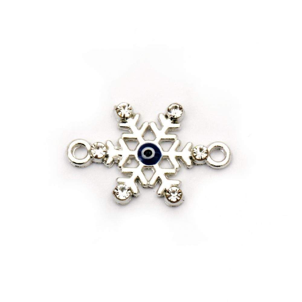 Delicate metal connecting element snowflake with small crystals and lucky blue eye 21.5x14x2.5 mm hole 2.5 mm color silver - 2 pieces