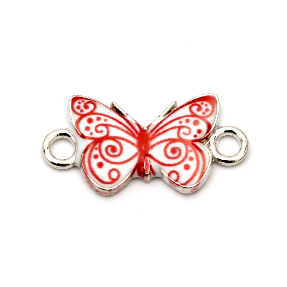 Connecting element metal butterfly white and red 23.5x12 mm color silver -2 pieces