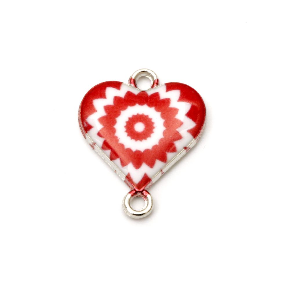 Painted connecting metal element heart white and red 20x16 mm color silver - 2 pieces