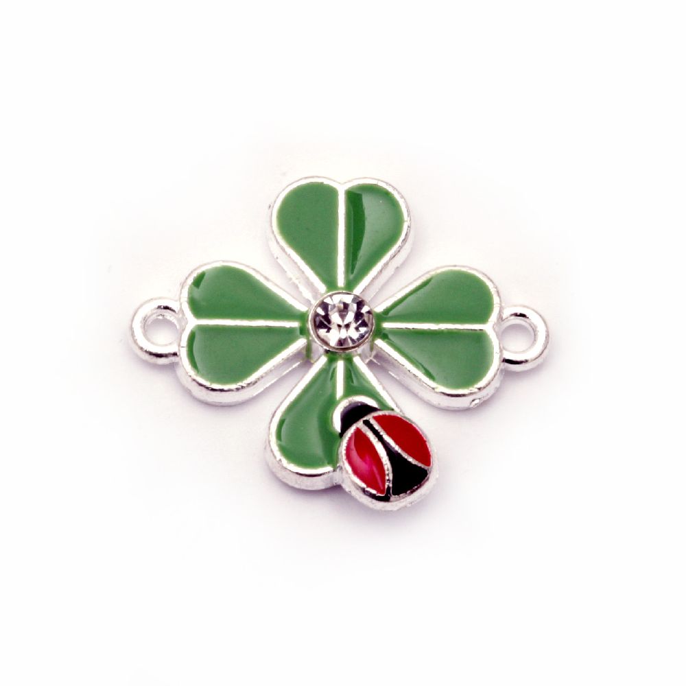 Connecting element metal with crystal clover green with ladybug 23x20 mm color white -2 pieces