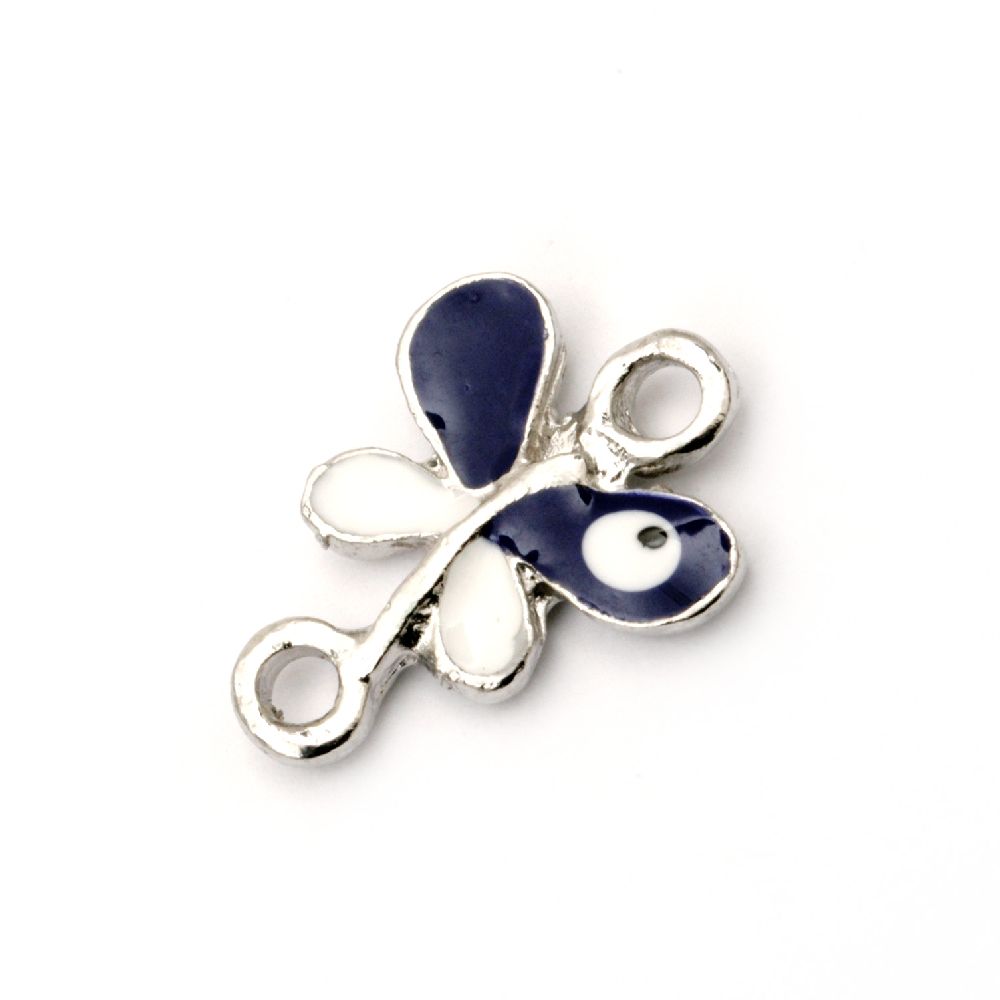Fastener metal butterfly with an evil eye, blue and white 18x13.5x2 mm hole 1.5 mm silver - 2 pieces