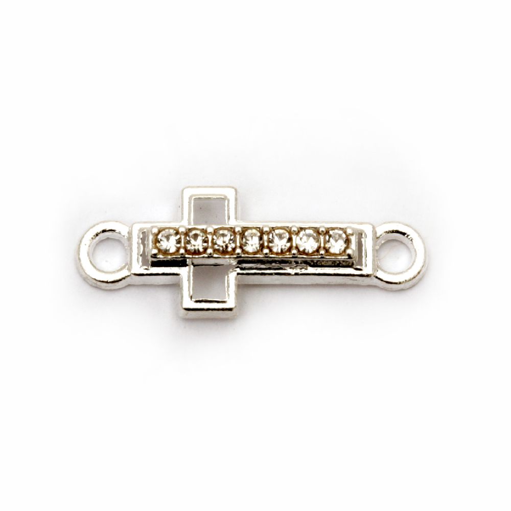 Jewelry metal component in the shape of a cross, connecting element with crystal 22x8x4 mm hole 1.5 mm color silver - 2 pieces