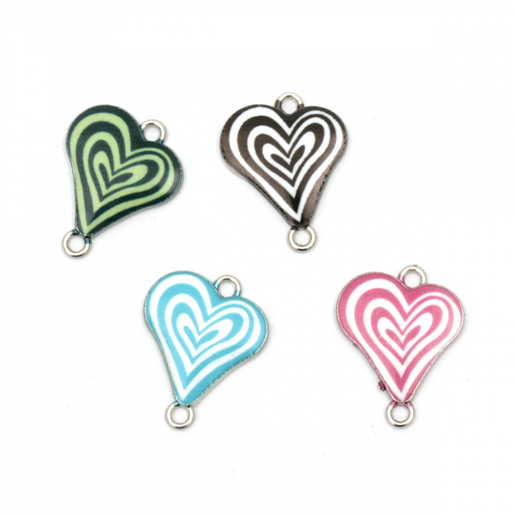 Colorful glaze metal heart shaped connecting element 23x18x3 mm hole 2 mm mix - 2 pieces