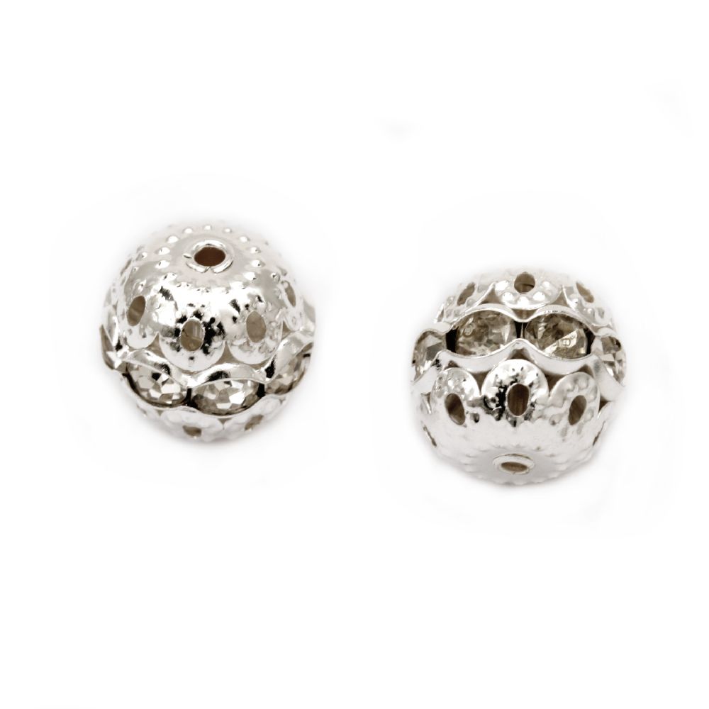 Metal round bead with small crystals 12 mm hole 1 mm color white - 5 pieces