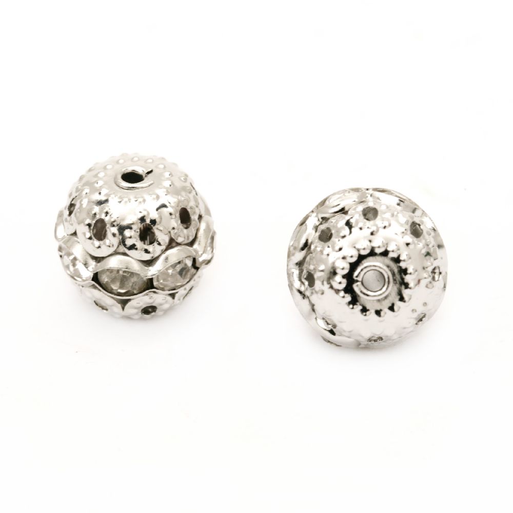 Топче метално с кристали 12 мм дупка 1 мм цвят сребро -5 броя