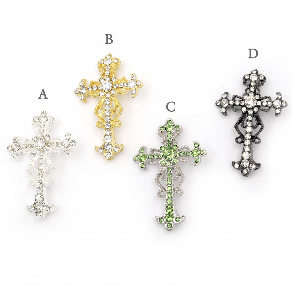 Metal cross bead with crystals for stringing 44x30.5x4 mm hole 3 mm assorted colors 