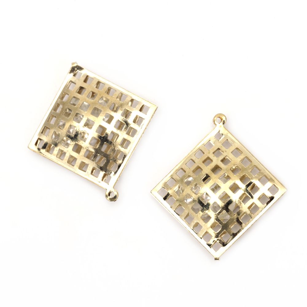 Square grid shape, Metal pendant with crystals 35x32 mm hole 2 mm color gold