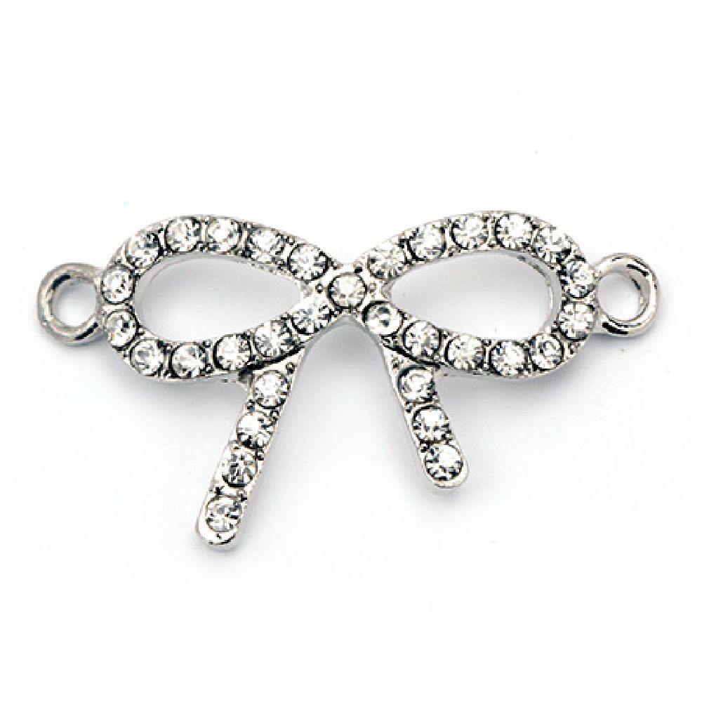 Metal connecting element, openwork ribbon bow with crystals 36x19.5 mm hole 2.5 mm color white