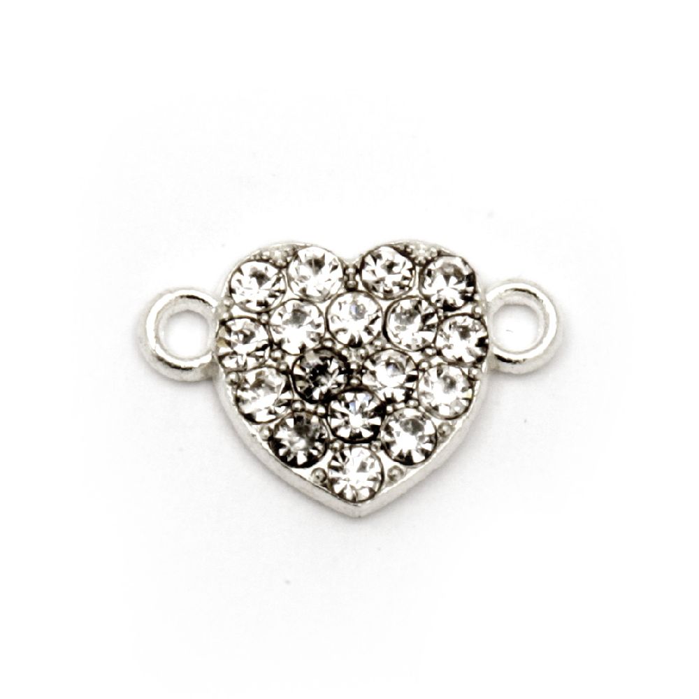 Dazzling metal heart shape with crystals, connecting element   13x9 mm hole 1 mm color white - 2 pieces