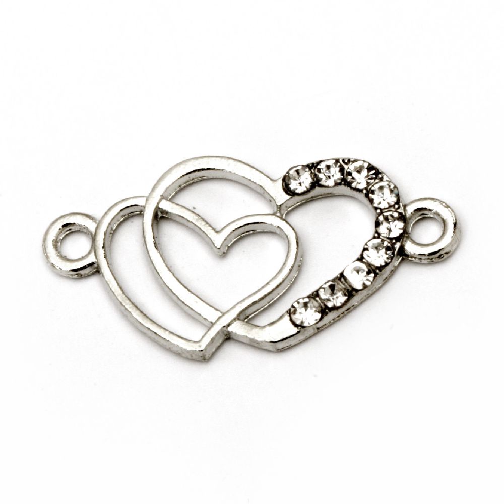 Metal connecting element hearts with crystal 27x13.5 mm hole 1.5 mm color white