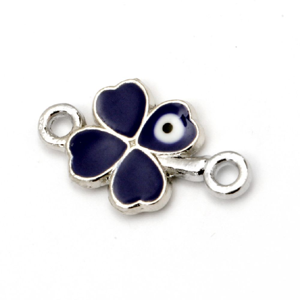 Connecting metal element, enamel blue clover with an evil eye 20x12 mm hole 1.5 mm color silver - 2 pieces