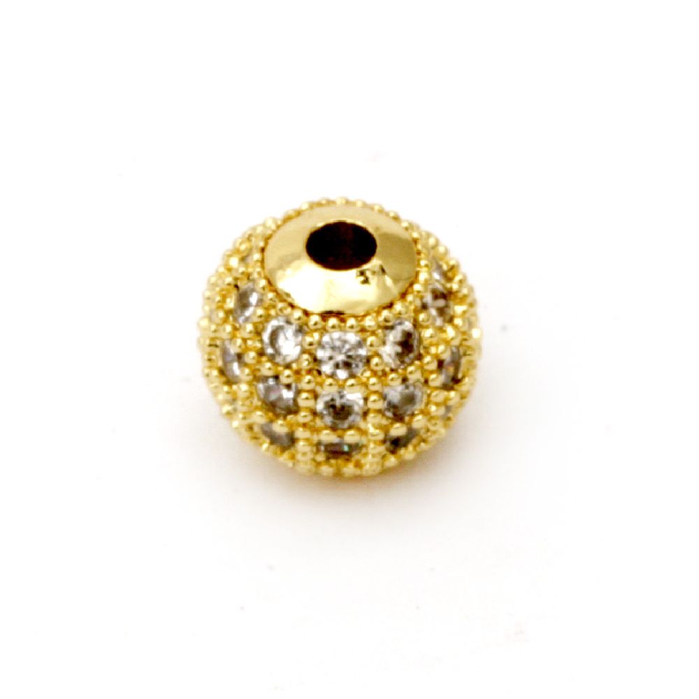 Metal ball with crystals 8 mm hole 2 mm gold color
