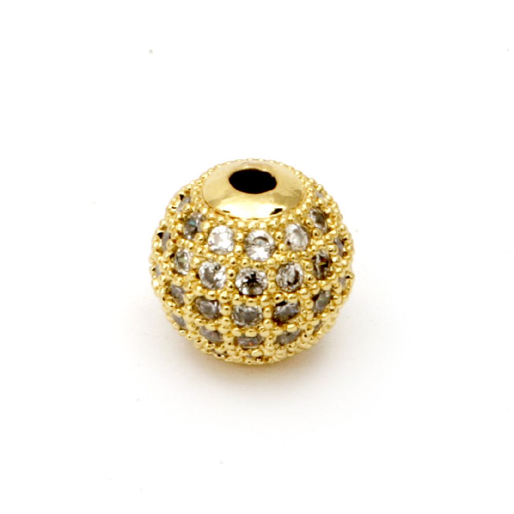 Metal ball with crystals 10 mm hole 2 mm gold color