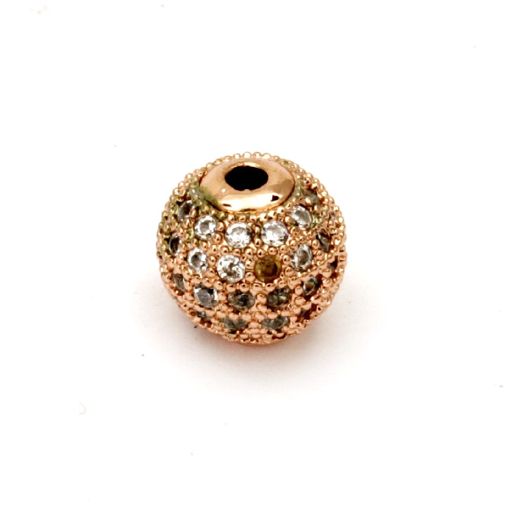 Metal ball with crystals for stringing 10 mm hole 2 mm copper color