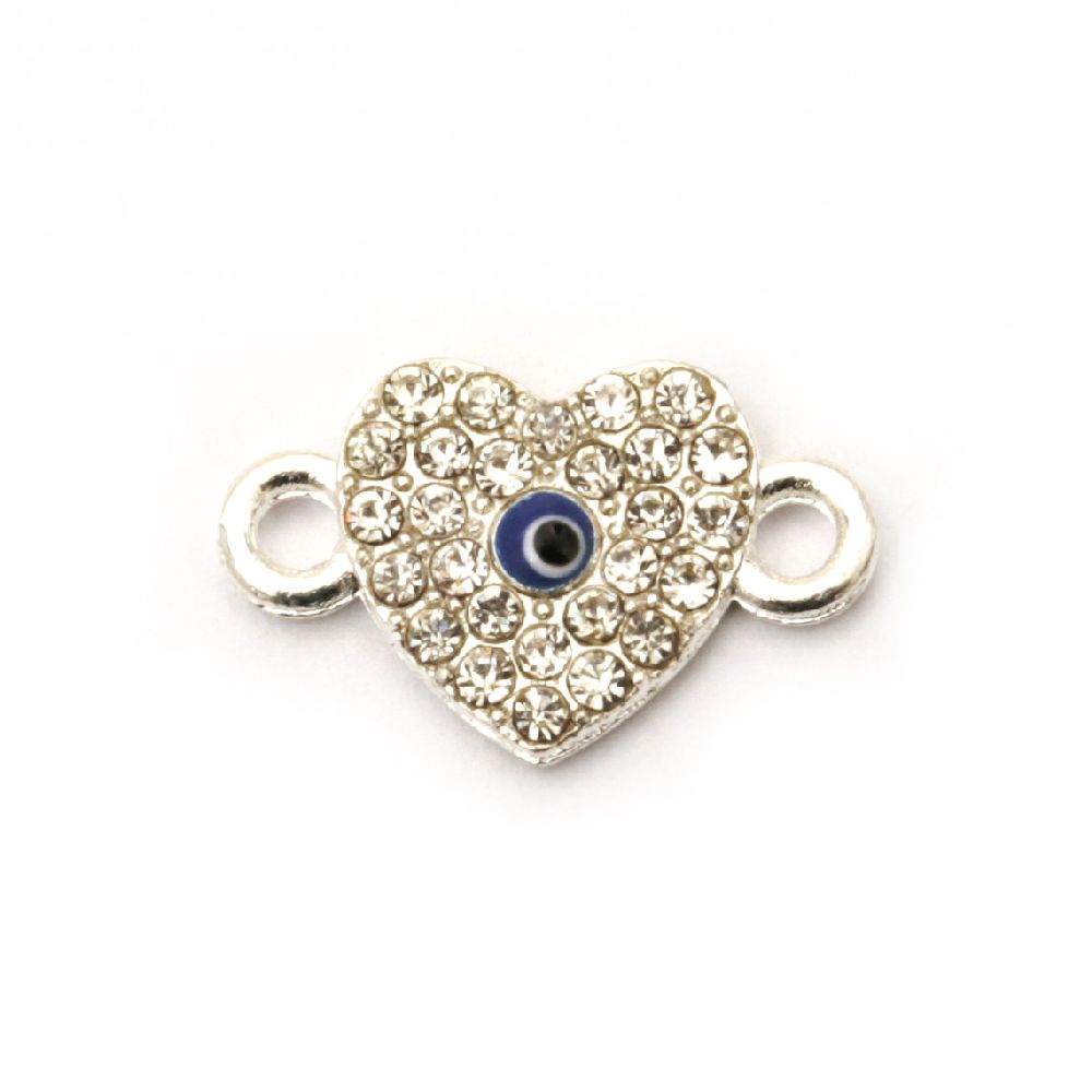 Connecting element metal heart with crystals and  blue eye 14x8.5 mm hole 1.5 mm color silver -2 pieces