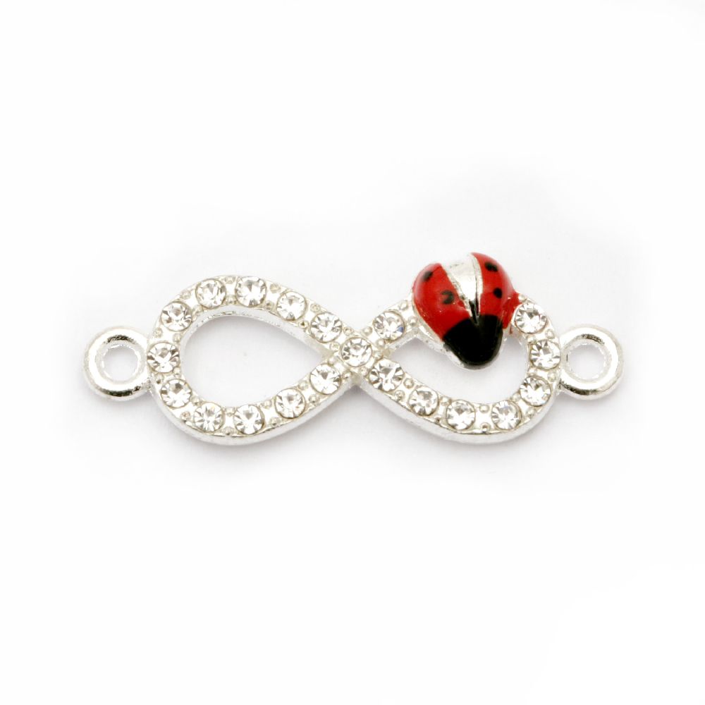 Metal jewelry finding connecting element  infinity shape with crystals and ladybug 28x10x3 mm color silver - 2 pieces