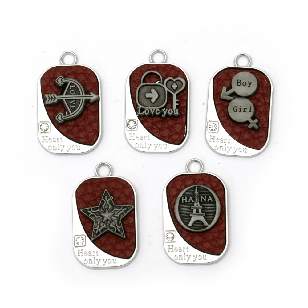 Pendant metal and artificial leather 36x22x4 ~ 6 mm hole 4 mm color ASSORTED -5 pieces