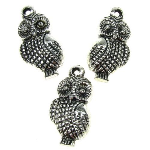 Pendant metallic owl with black edging 30x16x9 mm hole 2 mm silver -50 grams ~ 24 pieces