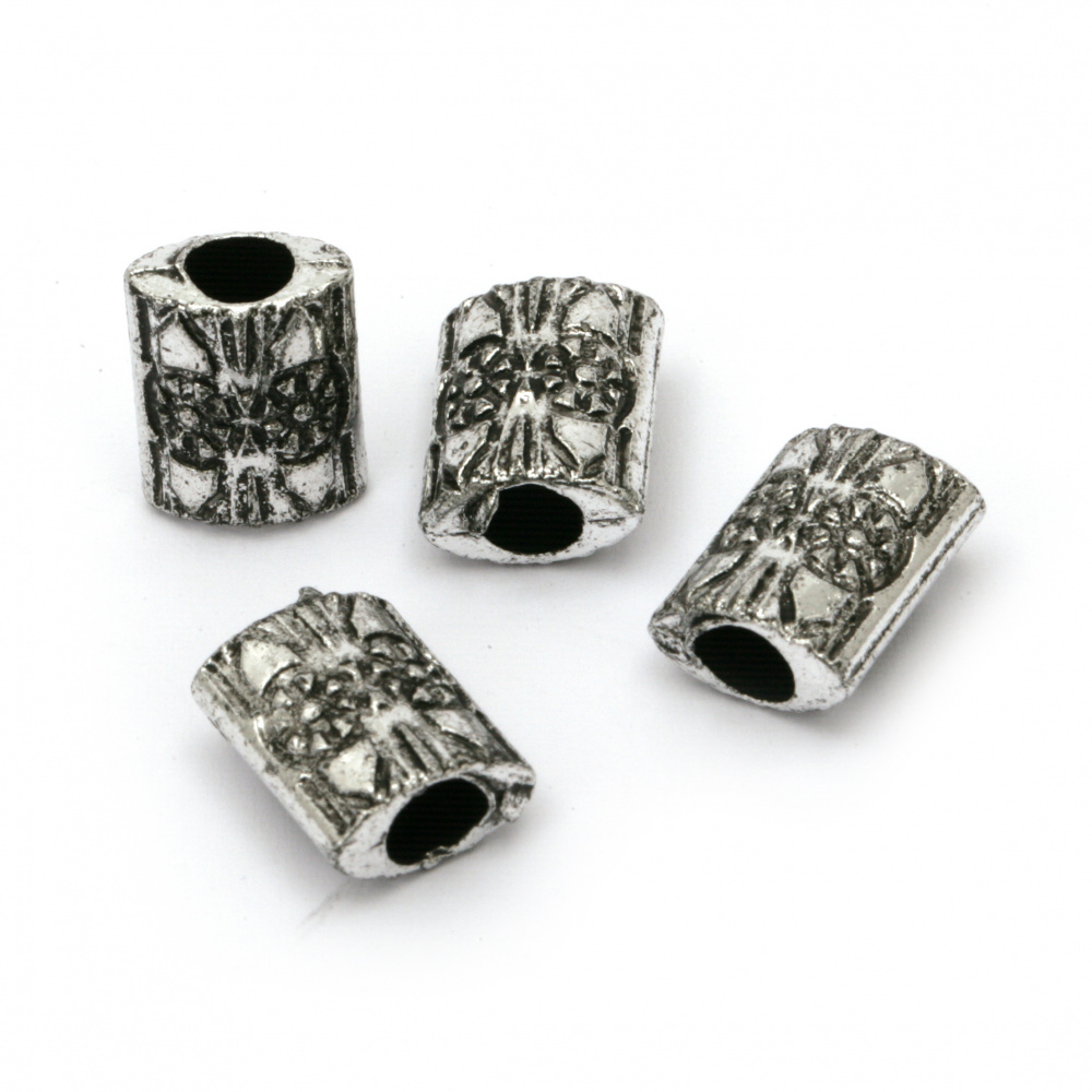 Plastic Flattened Cylinder Bead / Old Silver Imitation, 13.5x10.5x6.5 mm, Hole: 4.5 mm - 50 grams ± 120 pieces