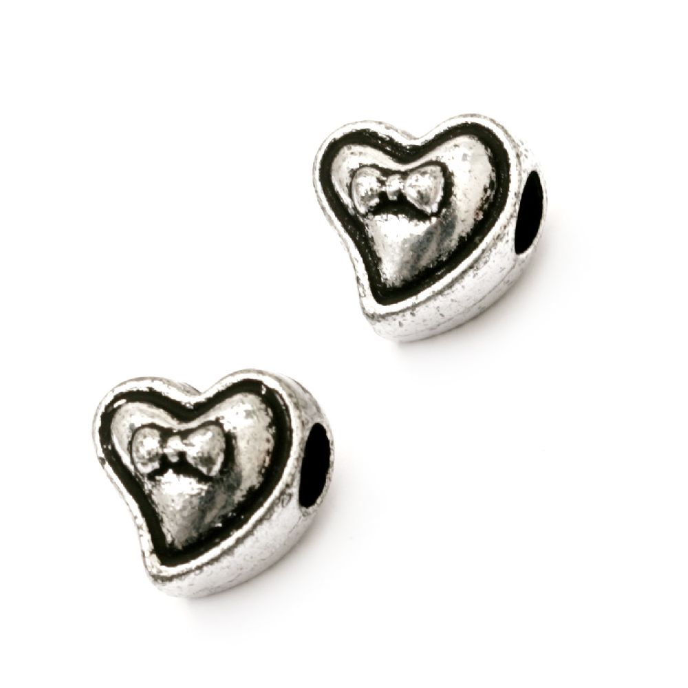 Plastic Heart Bead / Old Silver Imitation, 13x12x11 mm, Hole: 5 mm -50 grams