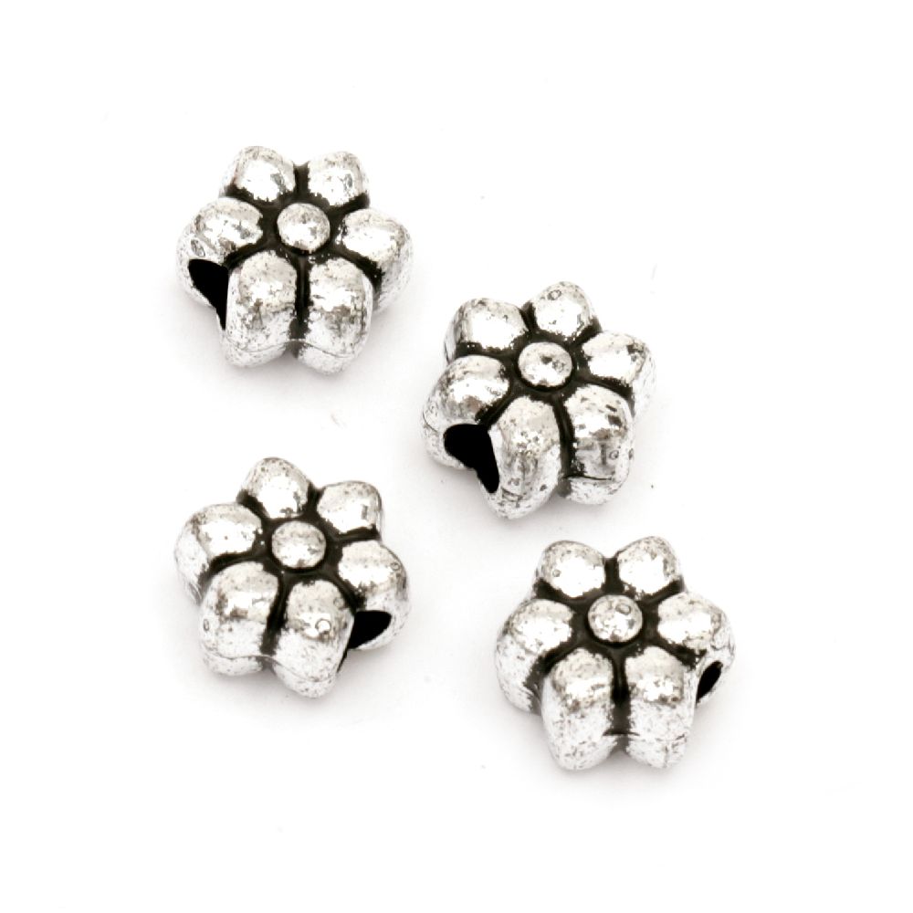 Plastic Flower Bead with Metal Finnish, 10x7 mm, Hole: 4 mm, Old Silver -50 grams ~ 100 pieces