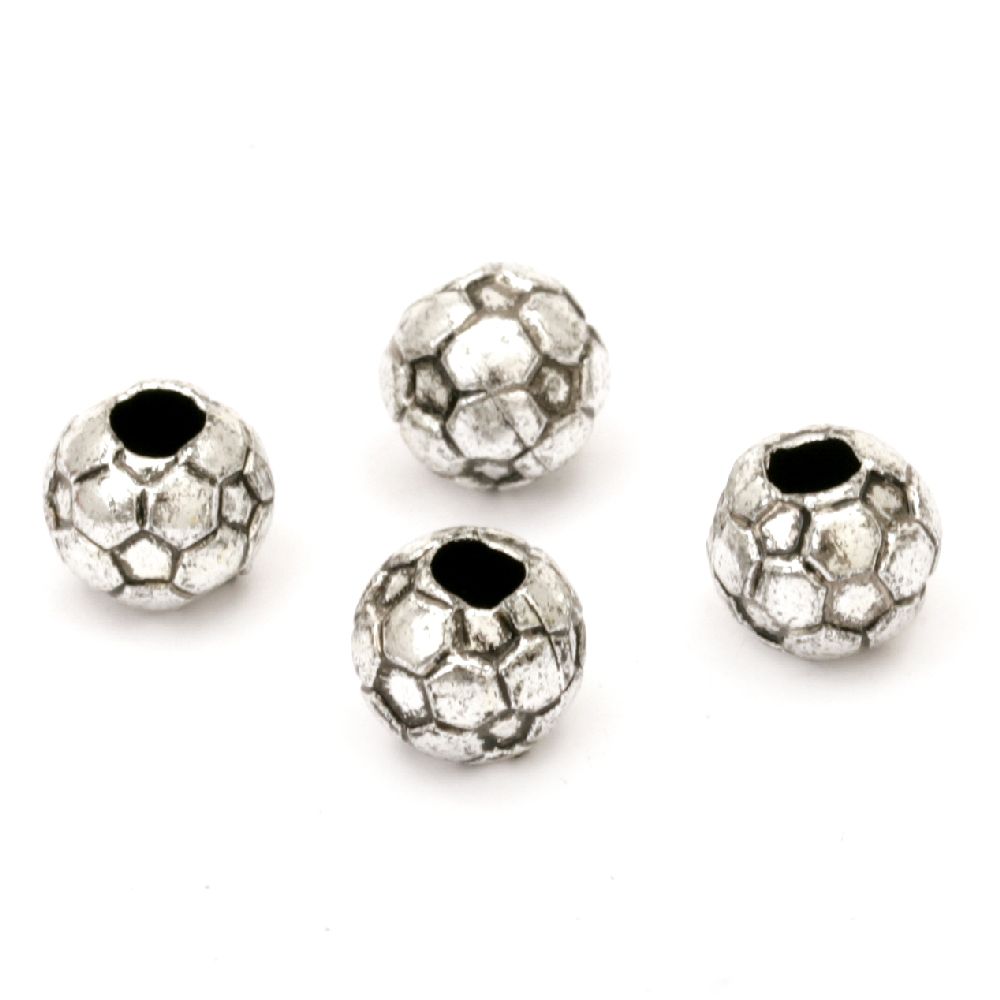 Мънисто метализе топче футбол 8.5 мм дупка 4 мм цвят сребро -20 грама ~56 броя