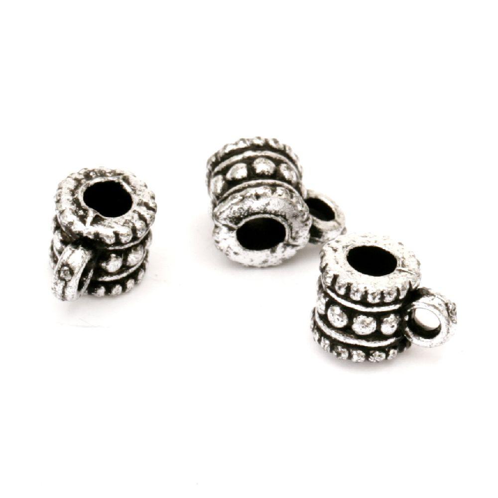 Bead metallic cylinder with ring with black edging 7x10 mm hole 3 mm silver -50 grams ~ 250 pieces