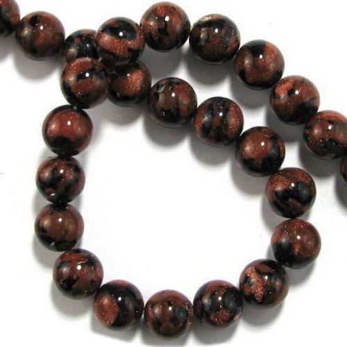 Gemstone Beads Strand, Synthetic Goldstone, Brown, Black, Round, 14mm, 28 pcs