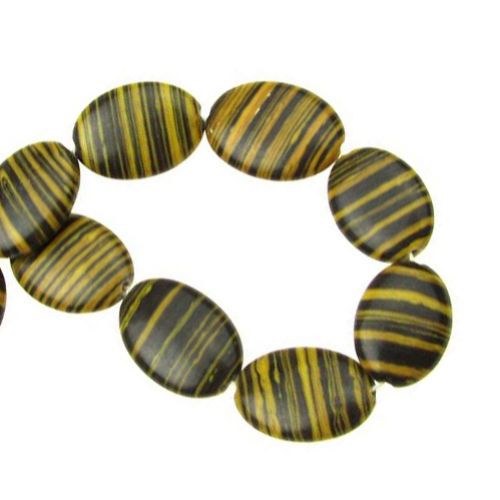 Gemstone Beads Strand, Synthetic Malachite, Flat Round, Black and Yellow, 18x13x4mm, 22 pcs