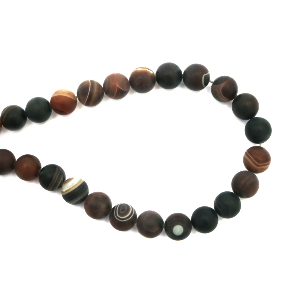 Strand of Semi-precious Stone Beads, Dark Brown Striped AGATE / Frosted Ball: 12 mm ~ 32 pieces