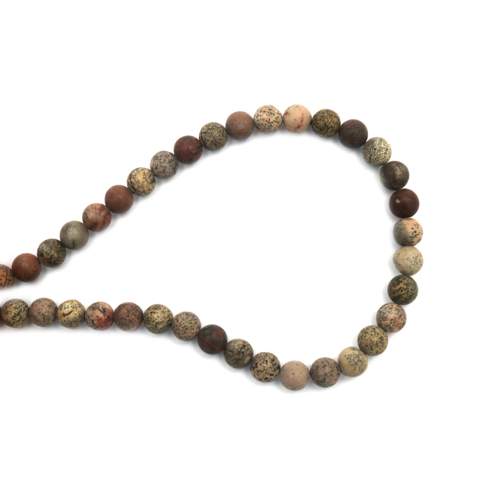 Koráliky z prírodného červeného jaspisu (obrázkový) – okrúhle 8 mm, z lešteného polodrahokamu, celá šnúra (~45 ks), na DIY výrobu šperkov, náramkov a náhrdelníkov