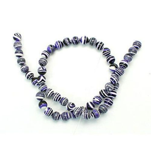 Gemstone Beads Strand, Synthetic Malachite, Round, Black, White and Purple, 8mm, 51 pcs